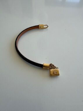 Louis Vuitton Brown Monogram Leather Bracelet with Gold Charm